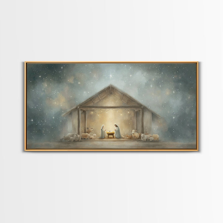 Holy Night Shelter – Framed Canvas Print – Christian Christmas Art – Framed Christmas Wall Art – Christian Art Canvas – Christmas Art Work