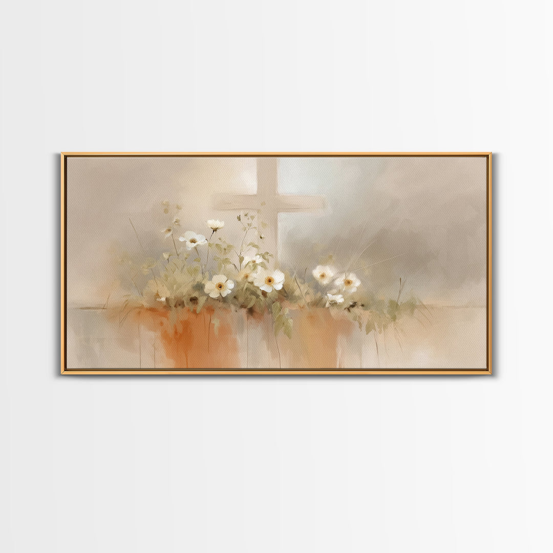 Peaceful Cross Light – Framed Canvas Print – Christian Wall Art – Minimalist Christian Art – Christian Art Print – Subtle Christian Paintin