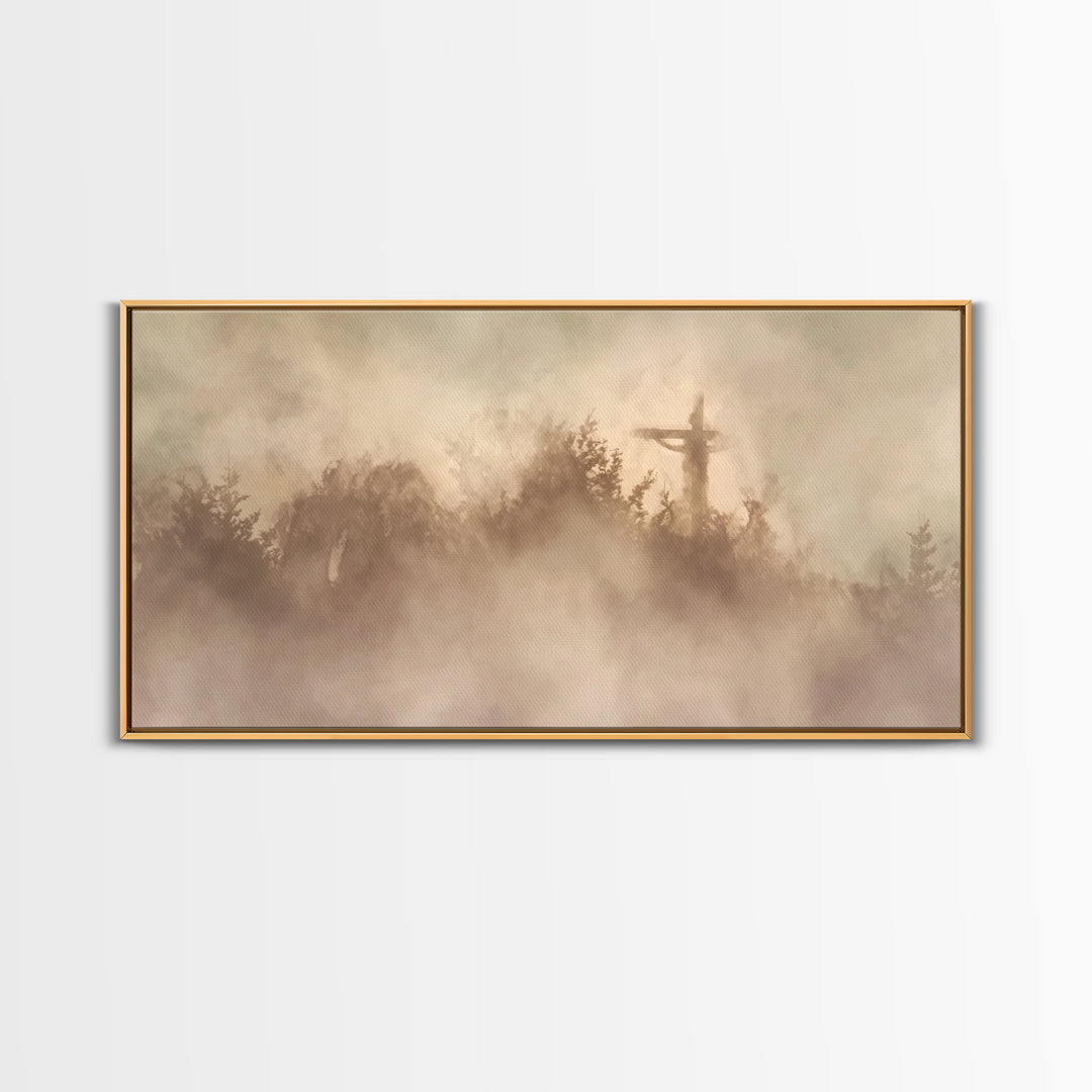 Cross In Mist – Framed Canvas Print – Christian Wall Art – Christian Art Canvas – Christian Art – Moody Christian Art – Christian Christmas