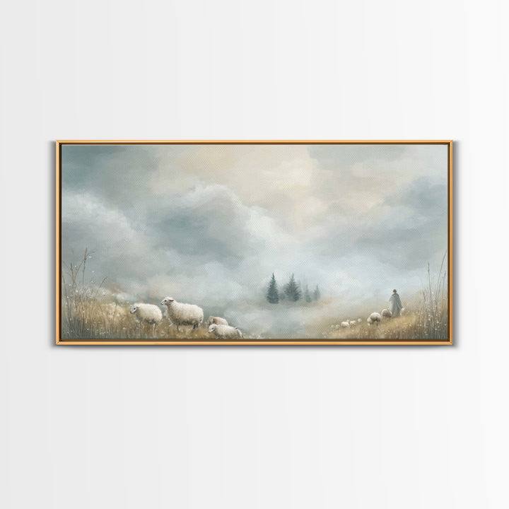 Dawn Meadow Peace, Framed Canvas Print, Christian Art Canvas, Christian Wall Art, Christian Christmas Art, Christian Decor, Jesus Painting