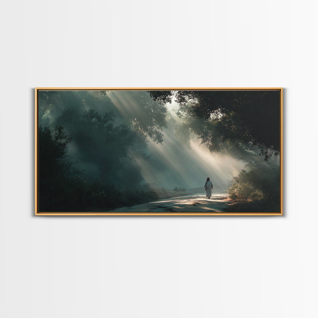 Forest Light Path | Framed Canvas Print | Jesus Painting | Christian Art Canvas | Christian Wall Art | Christian Christmas Art | Christian