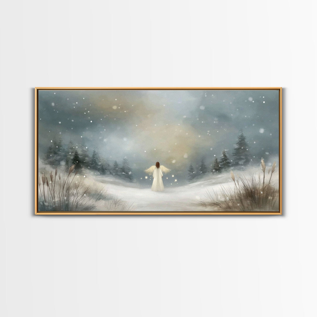 Angel In The Snow, Framed Canvas Print, Christmas Art Prints, Christian Wall Art, Angel Art, Moody Christmas Art