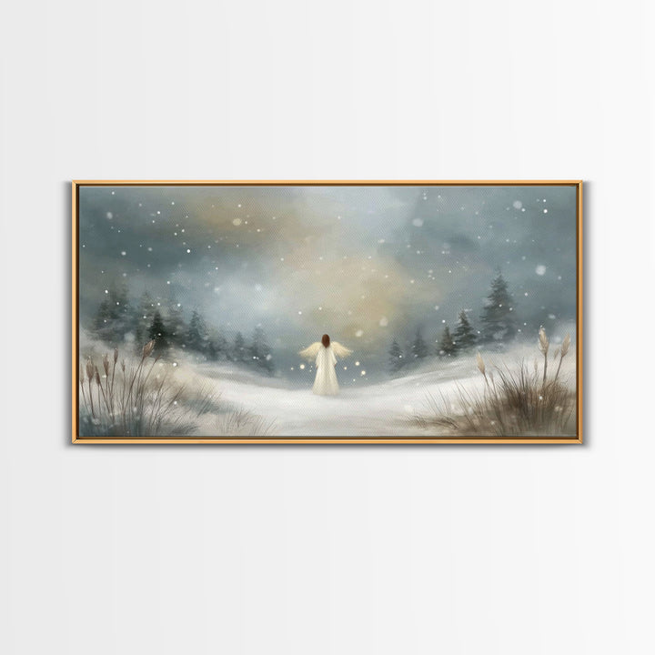Angel In The Snow, Framed Canvas Print, Christmas Art Prints, Christian Wall Art, Angel Art, Moody Christmas Art