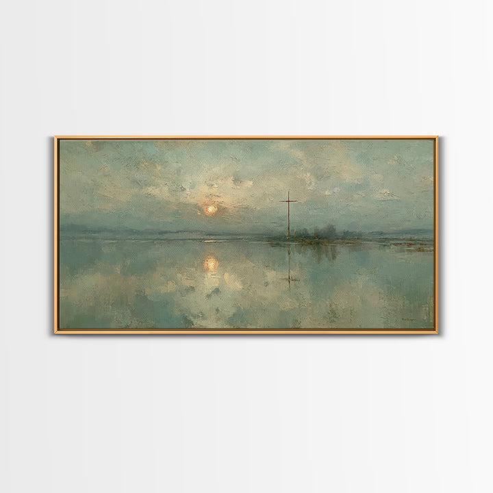 Silent Cross Reflection, Framed Canvas Print, Christian Art Canvas, Moody Christian Art, Christian Wall Art, Christmas Art, Christian Decor
