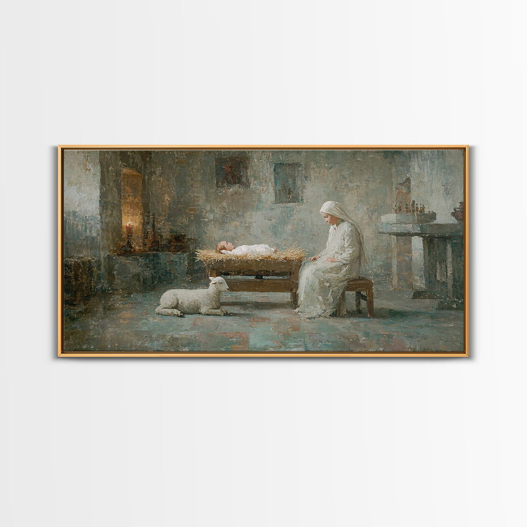 Quiet Manger Peace – Framed Canvas Print – Christian Art Canvas – Christian Wall Art – Christmas Art – Mary And Jesus Painting
