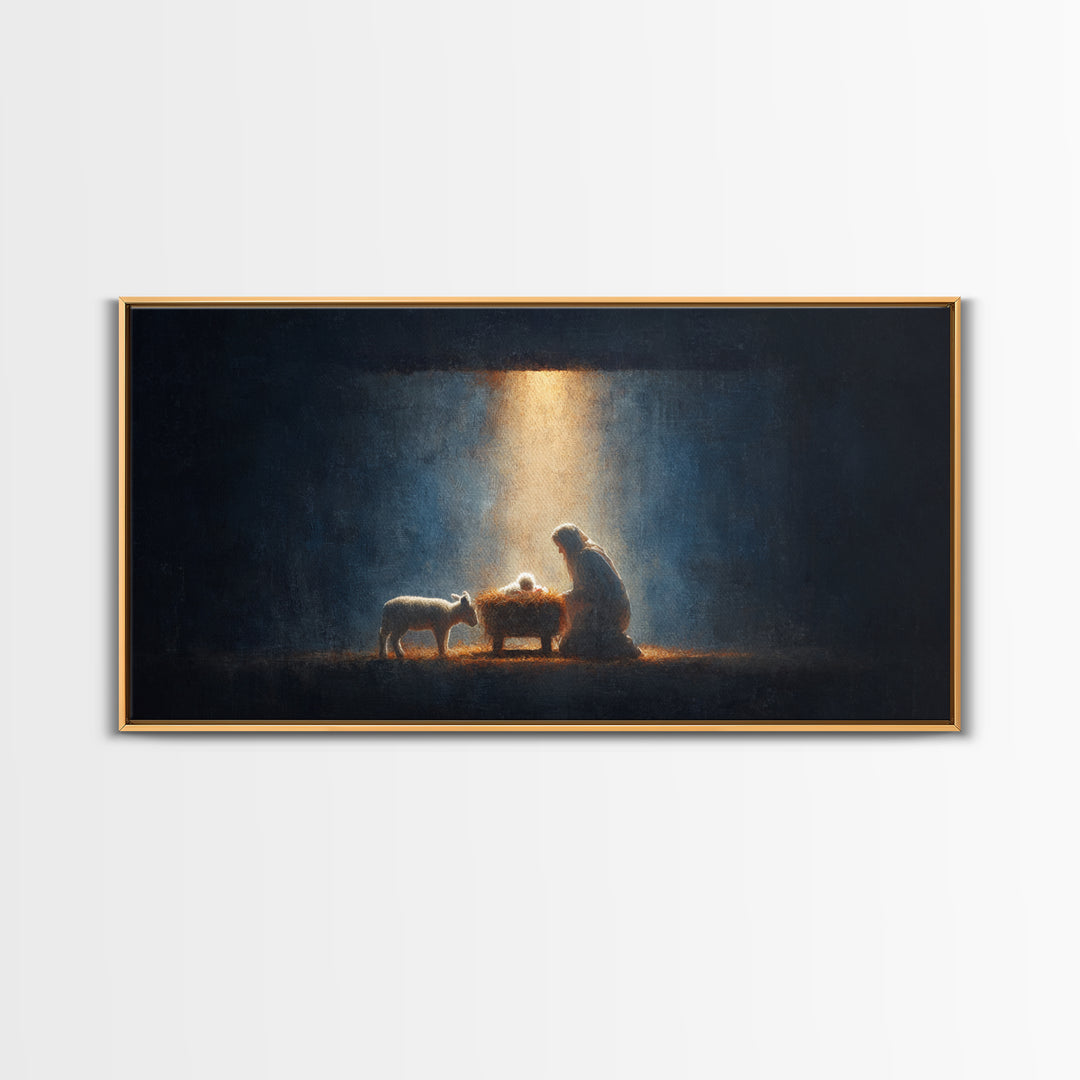 Midnight Manger Glow – Framed Canvas Print – Christian Art Canvas – Christian Wall Art – Jesus Painting – Christmas Art