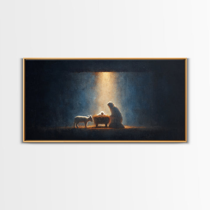 Midnight Manger Glow – Framed Canvas Print – Christian Art Canvas – Christian Wall Art – Jesus Painting – Christmas Art