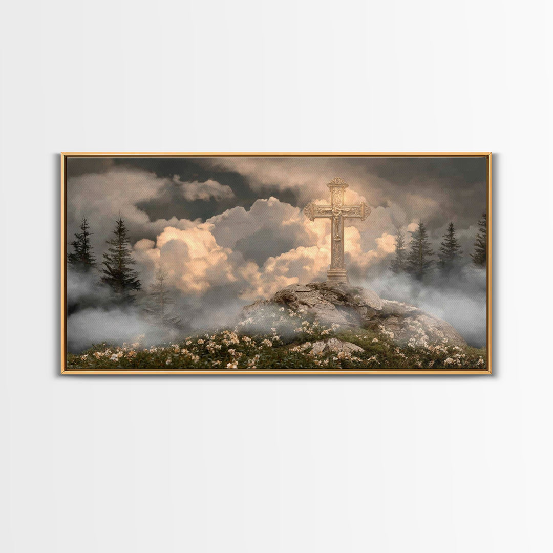 Golden Hill Cross – Framed Canvas Print – Christian Art Canvas – Christian Wall Art – Christian Painting – Large Christian Art
