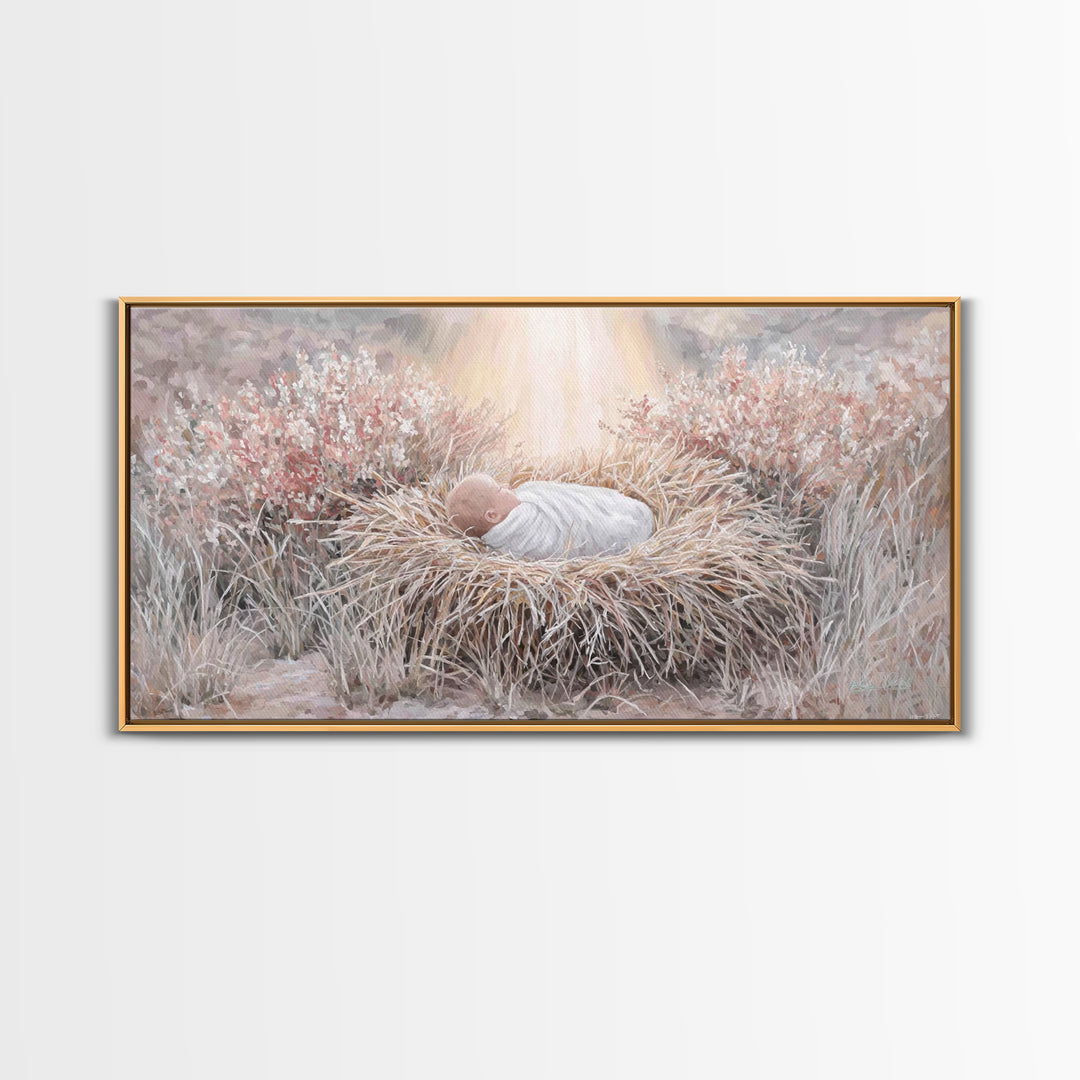 Sacred Straw Cradle – Framed Canvas Print – Christian Art Print – Christmas Art – Christian Wall Art – Jesus Painting – Christian Christmas