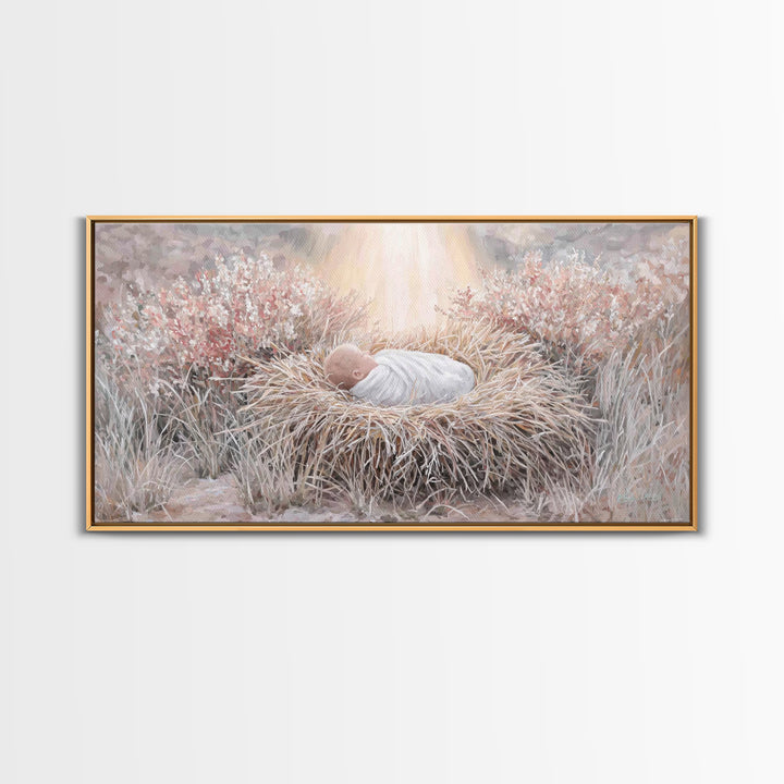 Sacred Straw Cradle – Framed Canvas Print – Christian Art Print – Christmas Art – Christian Wall Art – Jesus Painting – Christian Christmas