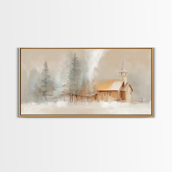 Winter Church Light - Framed Canvas Print - Christian Wall Art - Christmas Art - Christian Art Work - Christian Decor