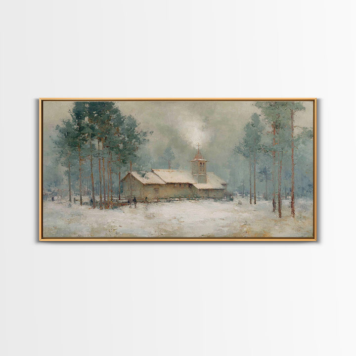 Snowy Pine Chapel | Framed Canvas Print | Christian Wall Art | Christmas Canvas Wall Art | Christian Art Gift | Winter Christian Art