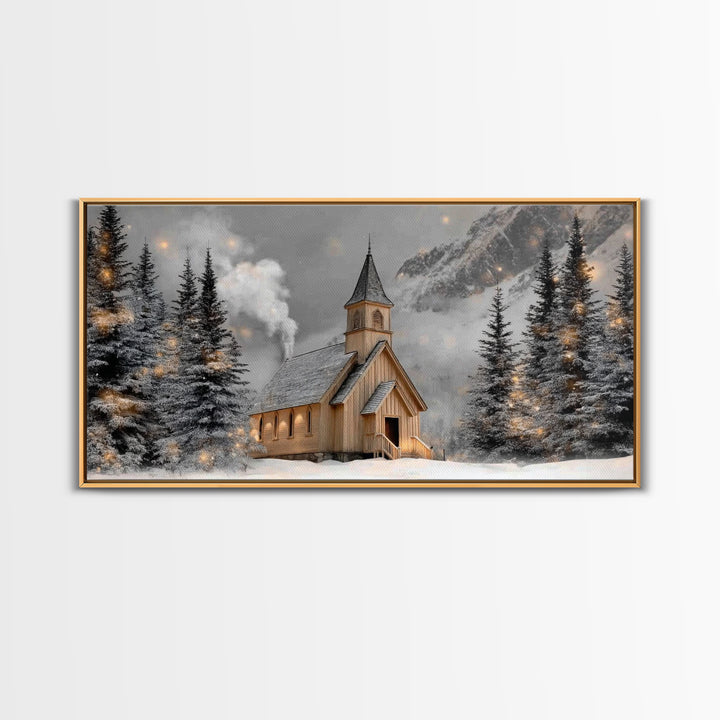 Mountain Chapel Glow - Framed Canvas Print - Christian Wall Art - Christian Christmas Art - Christmas Wall Art - Christian Decor