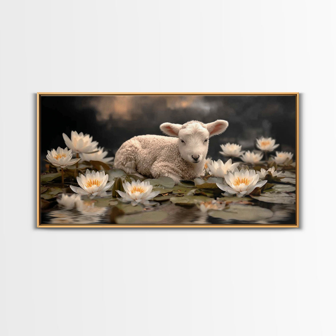 Still Waters Lamb – Framed Canvas Print – Christian Art Print – Christian Wall Art – Christian Art Canvas – Vintage Christian Art – Christi