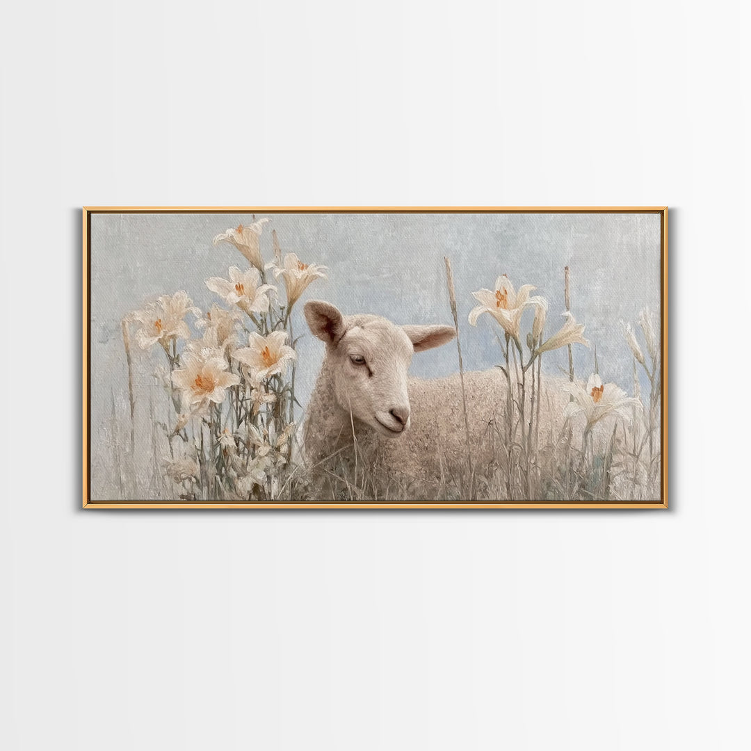 Morning Lily Lamb – Framed Canvas Print – Christian Art Canvas – Christian Art Print – Christian Wall Art – Subtle Christian Art – Christia