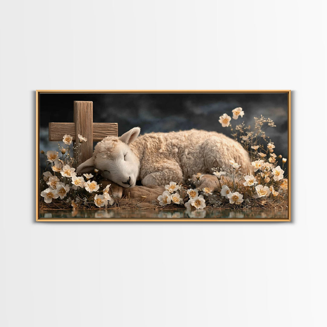 Heavenly Lamb – Framed Canvas Print – Christian Wall Art – Christian Art Canvas – Jesus Painting – Pastoral Scenery – Christian Christmas A