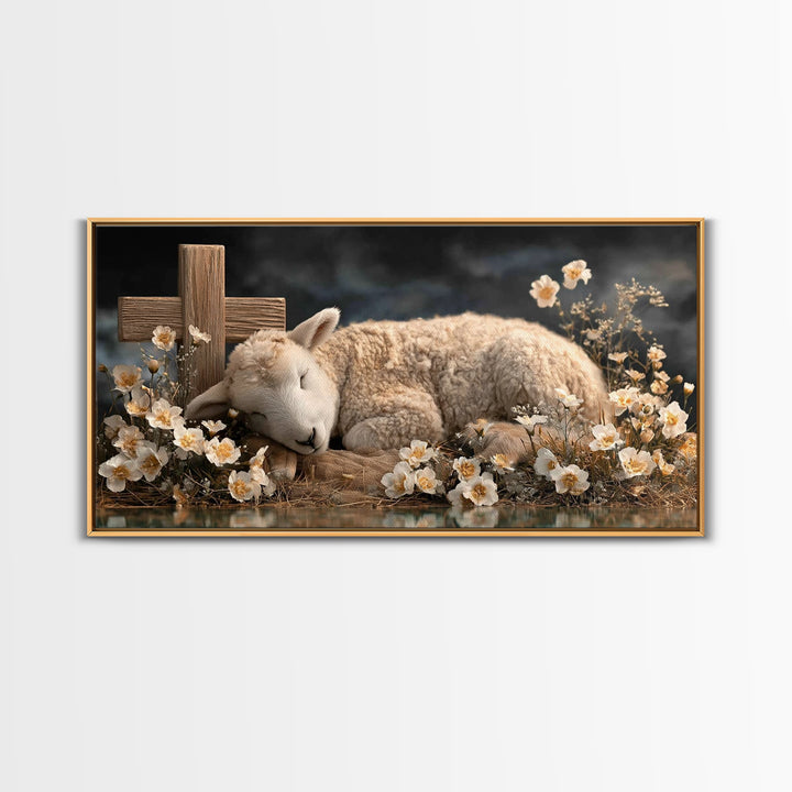 Heavenly Lamb – Framed Canvas Print – Christian Wall Art – Christian Art Canvas – Jesus Painting – Pastoral Scenery – Christian Christmas A