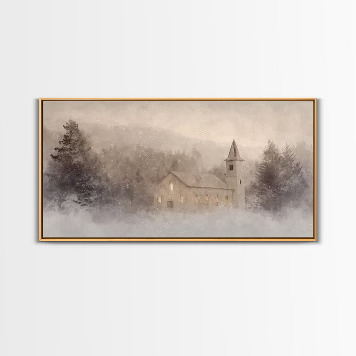 Snowy Chapel – Framed Canvas Print – Christian Christmas Art – Christian Art Canvas – Christmas Wall Art – Christian Paintings – Christian