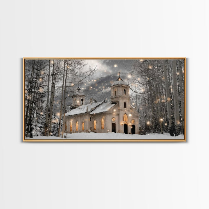 Evergreen Church – Framed Canvas Print – Christmas Wall Art – Christian Art Canvas – Framed Christmas Wall Art – Christian Christmas Art –