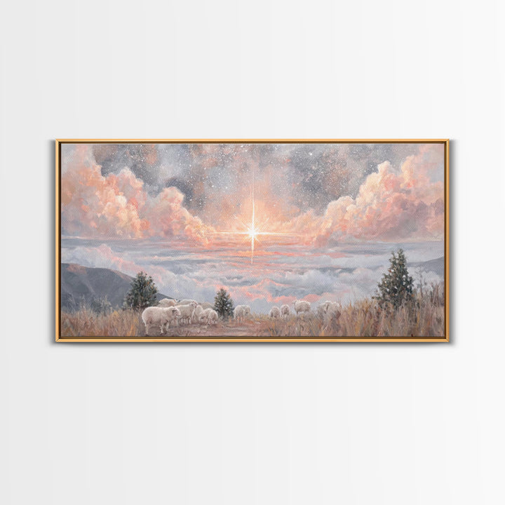 Shepherds’ Field Light – Framed Canvas Print – Christian Christmas Art – Christian Art Canvas – Retro Christmas Art – Christian Decorations