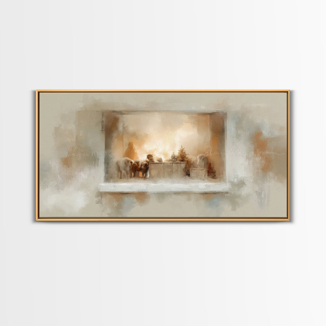 Nativity Window Glow – Framed Canvas Print – Christmas Art – Christian Christmas Decor – Christian Wall Art – Jesus Christmas Art – Christm