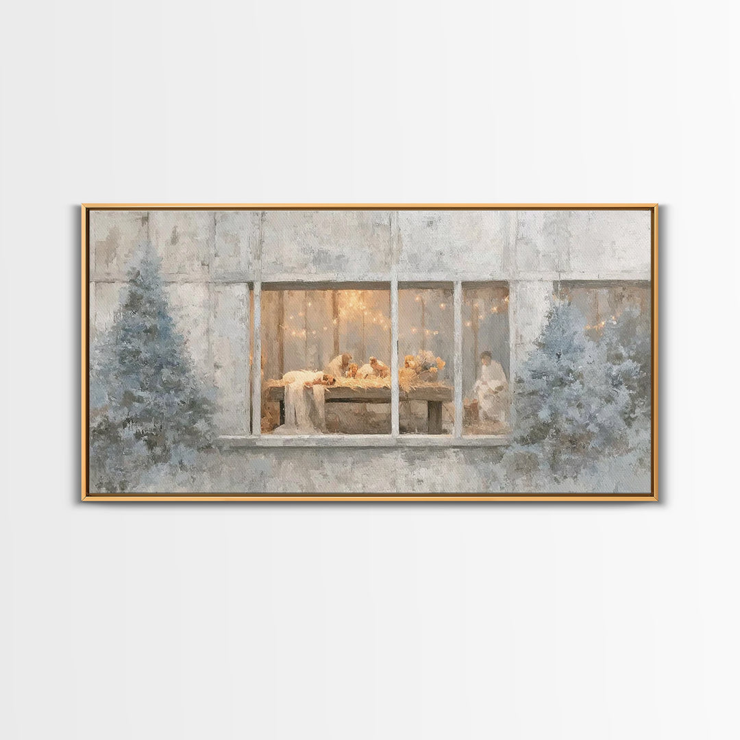 Winter Manger Light – Framed Canvas Print – Christian Christmas Art – Christmas Wall Art – Jesus Painting – Christian Art Canvas – Framed C