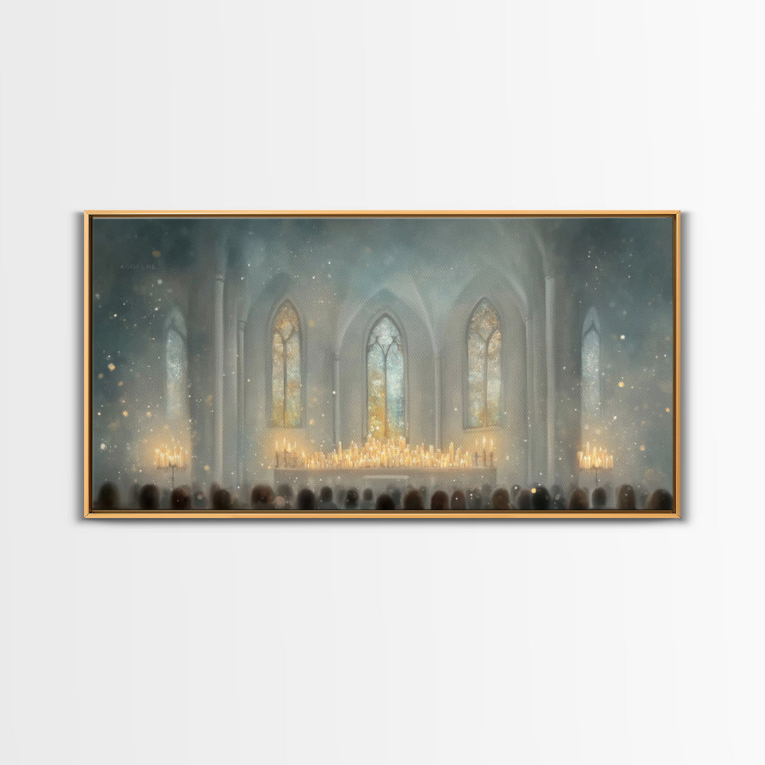 Cathedral Midnight Flame – Framed Canvas Print – Christian Paintings – Christmas Wall Art – Christian Christmas Art – Large Christian Paint