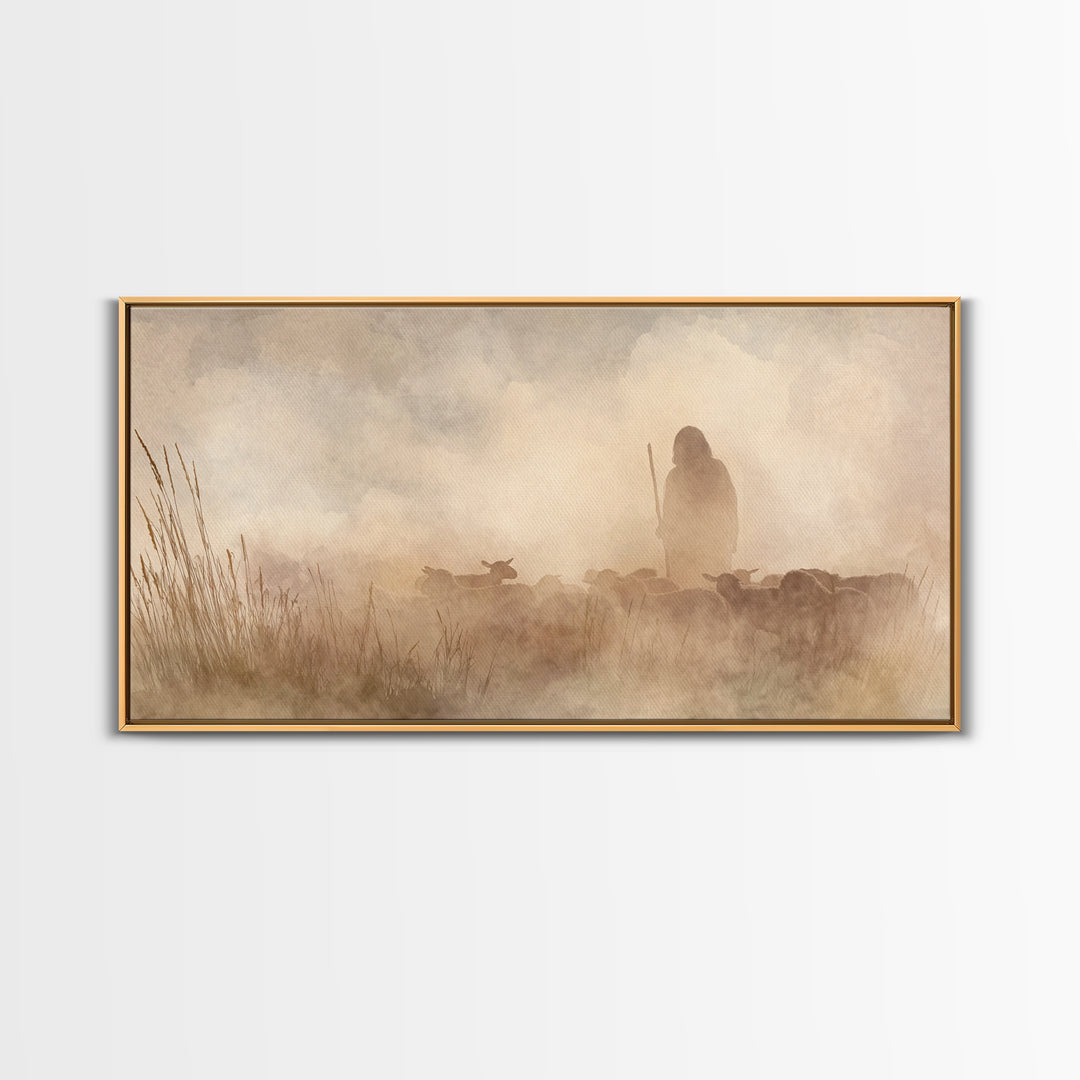Shepherd In Mist – Framed Canvas Print | Christian Art Canvas | Christian Wall Art | Christian Christmas Art | Christian Art | Jesus Painti