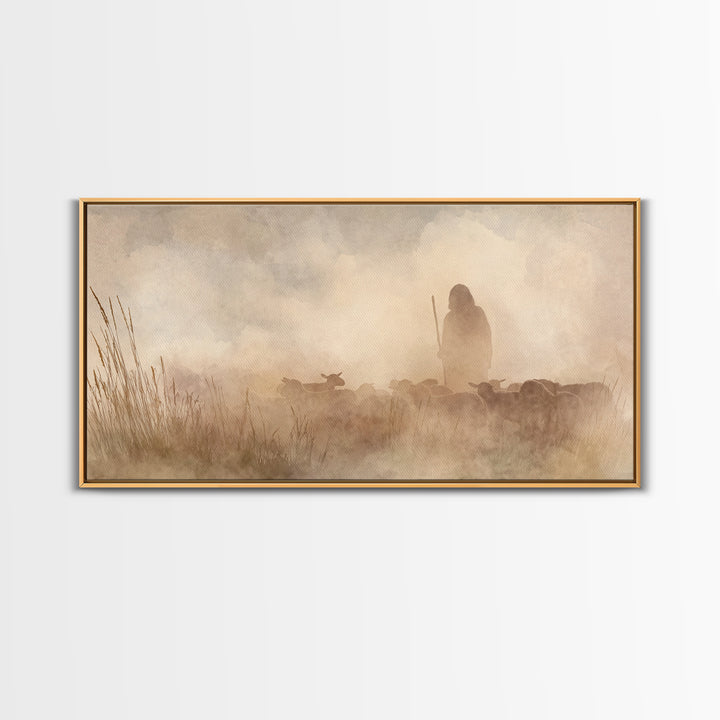 Shepherd In Mist – Framed Canvas Print | Christian Art Canvas | Christian Wall Art | Christian Christmas Art | Christian Art | Jesus Painti