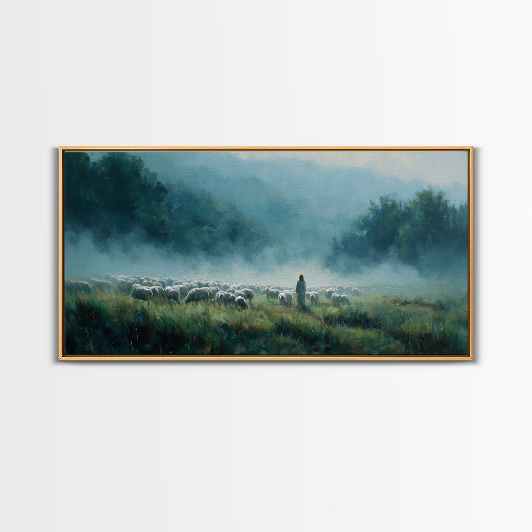 Morning Pasture Calm – Framed Canvas Print – Christian Art – Christian Wall Art – Christian Art Canvas – Jesus Painting – Christmas Art