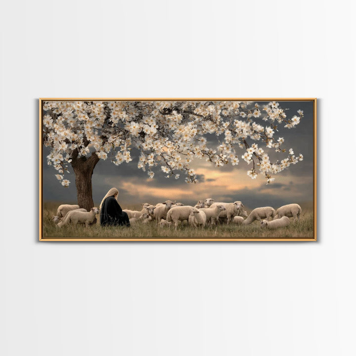 Gentle Twilight Shepherd, Framed Canvas Print, Christian Wall Art, Jesus Painting, Christmas Art, Christian Art Canvas