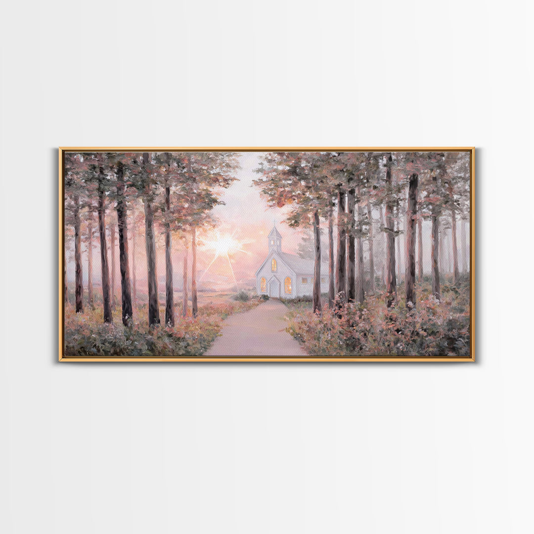 Sunlit Chapel Path, Framed Canvas Print, Christian Art Canvas, Christian Wall Art, Christian Art, Christian Painting, Christian Gift Ideas