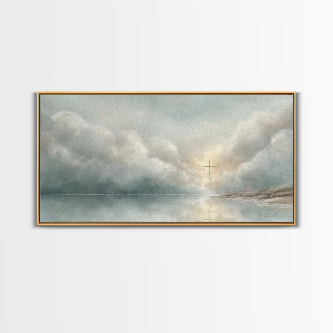 Cross In The Mist – Framed Canvas Print – Christian Wall Art – Jesus Painting – Moody Christmas Art – Christian Gift Ideas – Christian Art