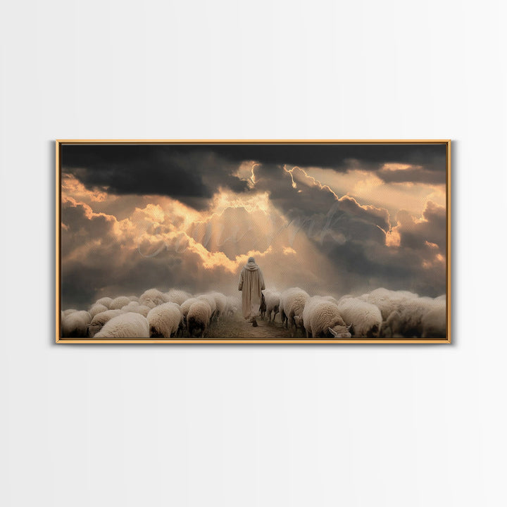 Heavenly Shepherd Light – Framed Canvas Print – Christian Wall Art – Christian Christmas Art – Jesus Painting – Christmas Canvas Wall Art –
