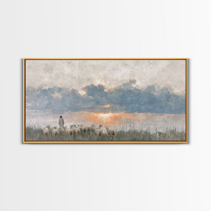 Dawn Of The Flock – Framed Canvas Print – Vintage Christian Art – Christian Wall Art – Christian Art Canvas – Jesus Painting – Christian Ch