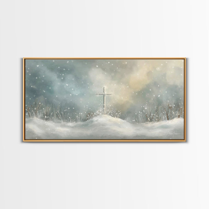 Frosted Cross Light – Framed Canvas Print – Christian Art Canvas – Minimalist Christian Art – Christian Wall Art – Subtle Christian Art – C