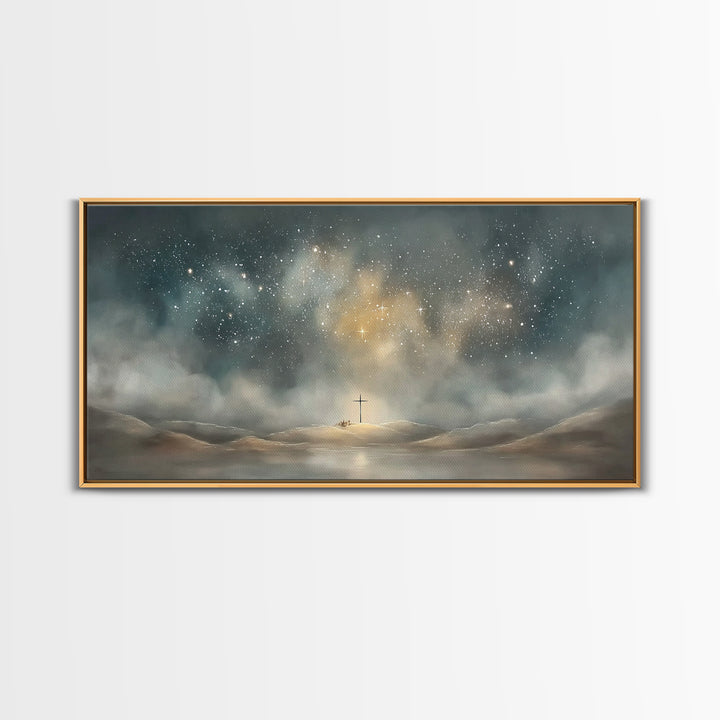 Starlit Crossland – Framed Canvas Print – Christian Art Canvas – Christian Wall Art – Modern Christian Art – Christmas Art – Christian Gift