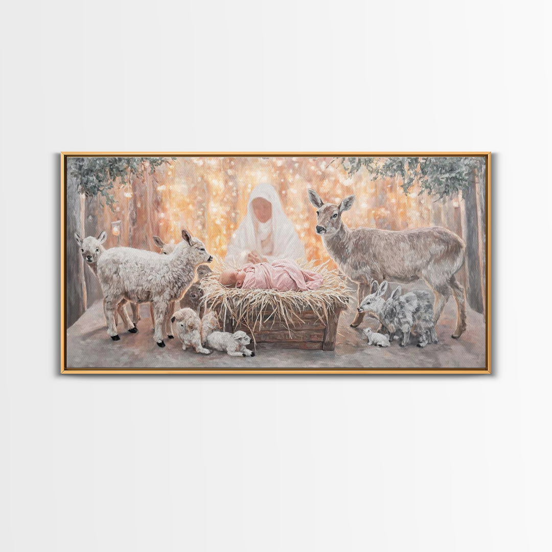Forest Nativity Glow – Framed Canvas Print – Christian Wall Art – Christian Art Canvas – Christmas Art – Jesus Painting – Christian Art