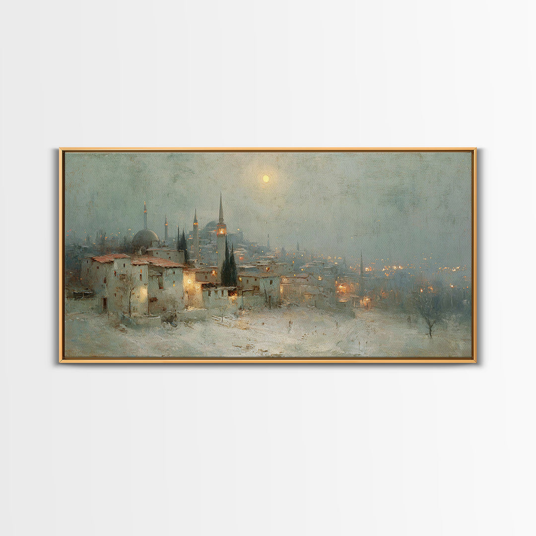 Winter Holy Town | Framed Canvas Print | Christmas Wall Art | Christian Art Canvas | Moody Christmas Art | Christian Art Print | Vintage Ch