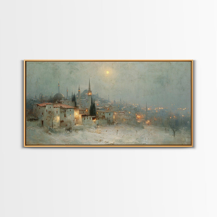Winter Holy Town | Framed Canvas Print | Christmas Wall Art | Christian Art Canvas | Moody Christmas Art | Christian Art Print | Vintage Ch