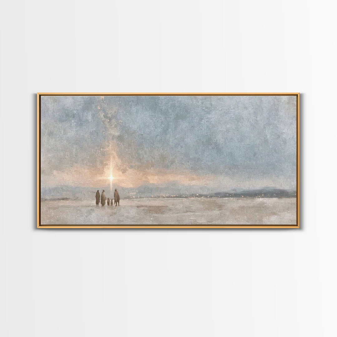 Starlit Pilgrimage | Framed Canvas Print | Christmas Art Prints | Christian Wall Art | Christian Art Canvas | Moody Christmas Art | Christi