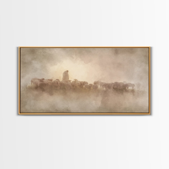 Shepherds Of Dawn - Framed Canvas Print - Christian Wall Art - Christian Art Canvas - Jesus Painting - Pastoral Scenery - Christian Gift