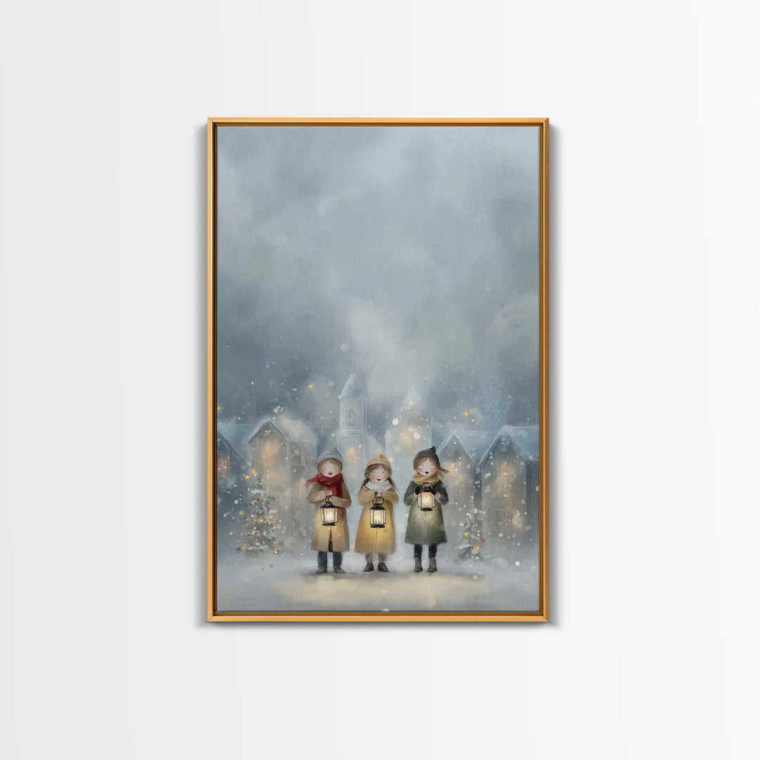 Lantern Carolers – Framed Canvas Print – Christian Wall Art – Christmas Art – Christian Art Canvas – Christian Christmas Art