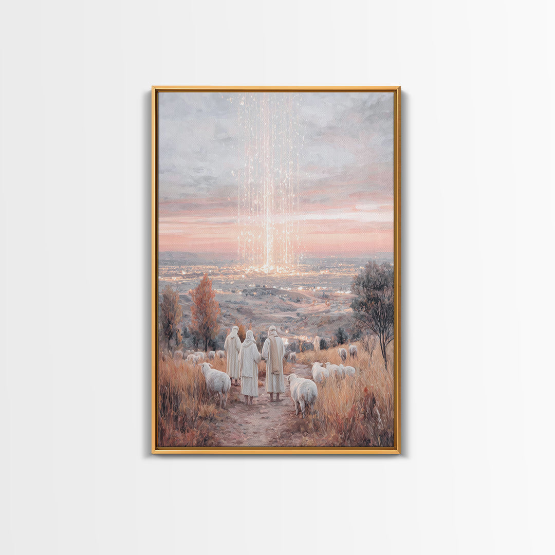 Starry Shepherds – Framed Canvas Print – Christian Christmas Art – Christian Wall Art – Vintage Christmas Art – Christmas Canvas Wall Art –