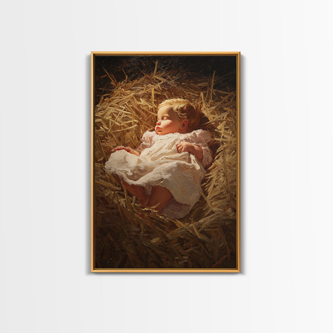 Silent Straw Light, Framed Canvas Print, Christian Art Canvas, Christmas Wall Art, Jesus Painting Canvas, Christian Christmas Art, Christia
