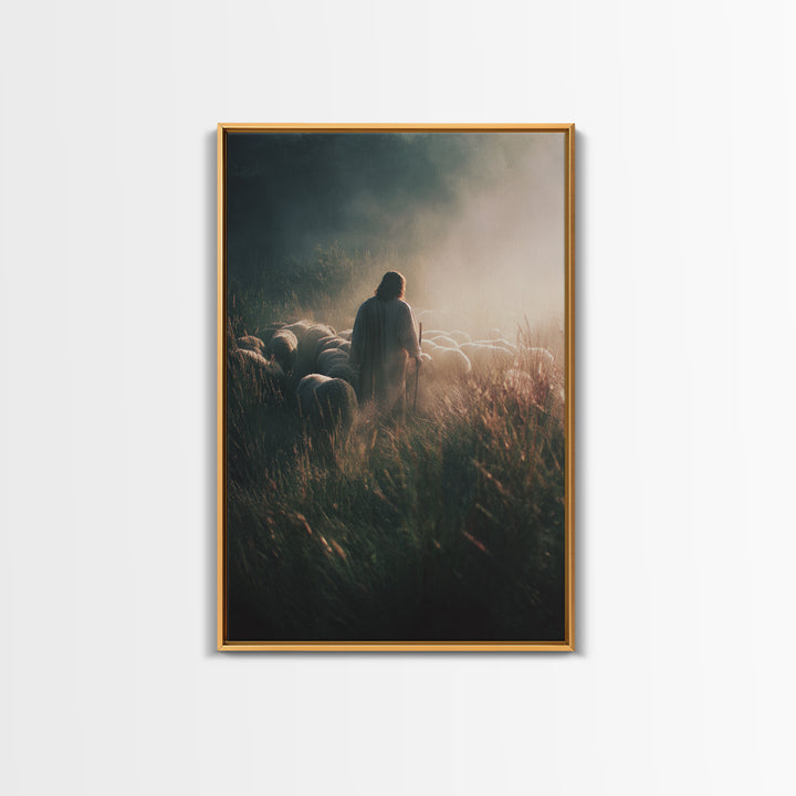 Morning Flock Peace | Framed Canvas Print | Jesus Painting | Christian Christmas Art | Christian Art Canvas | Moody Christian Art | Christi
