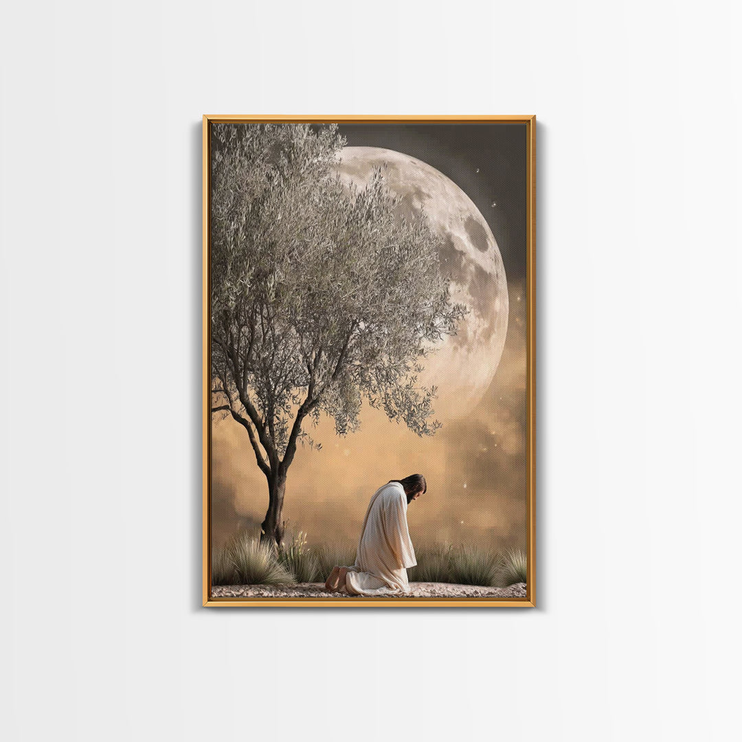 Moonlit Supplication, Framed Canvas Print, Jesus Canvas Art, Christian Wall Art, Modern Christian Art, Christian Art Canvas, Christian Gift