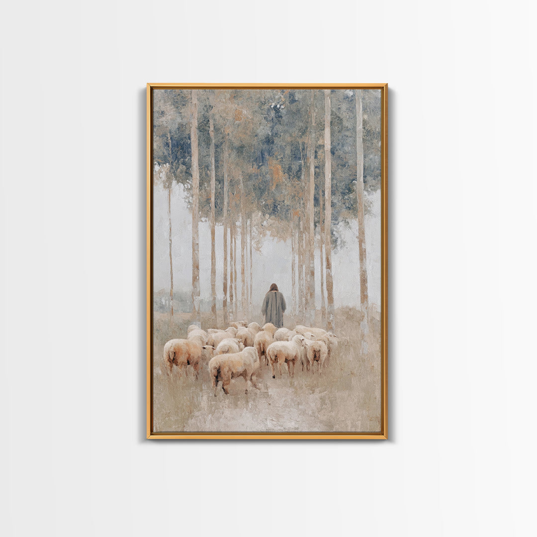 Woodland Shepherd Light – Framed Canvas Print – Christian Art Canvas – Christian Wall Art – Modern Christian Painting – Pastoral Scenery –