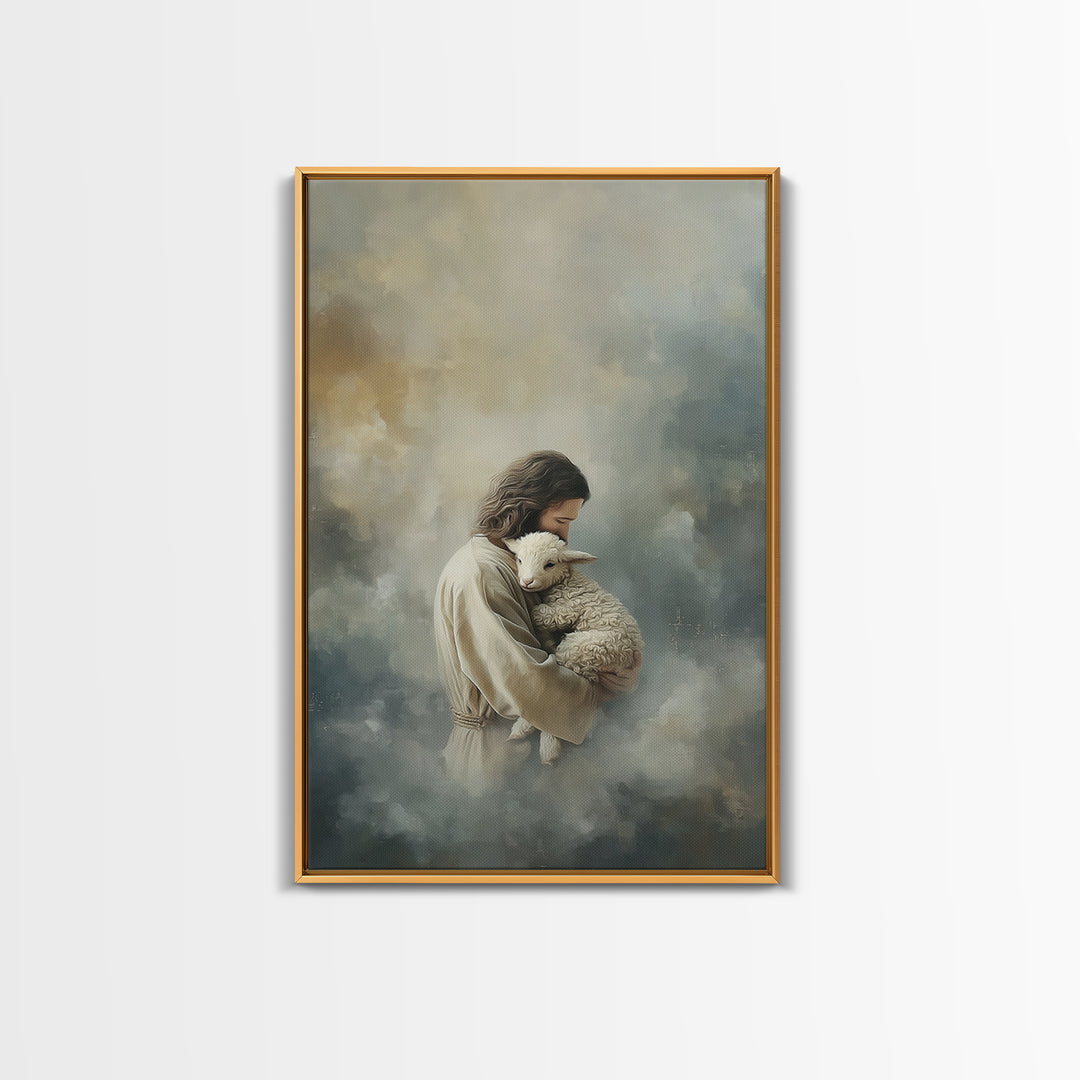 Arms Of The Shepherd – Framed Canvas Print – Jesus Painting – Christian Art Canvas – Christian Wall Art – Christian Christmas Art – Subtle