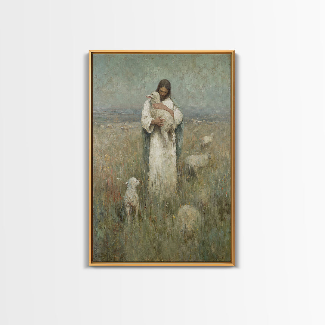 Gentle Shepherd Light, Framed Canvas Print, Christian Wall Art, Jesus Painting, Christian Art Canvas, Christian Gift Ideas, Vintage Christi